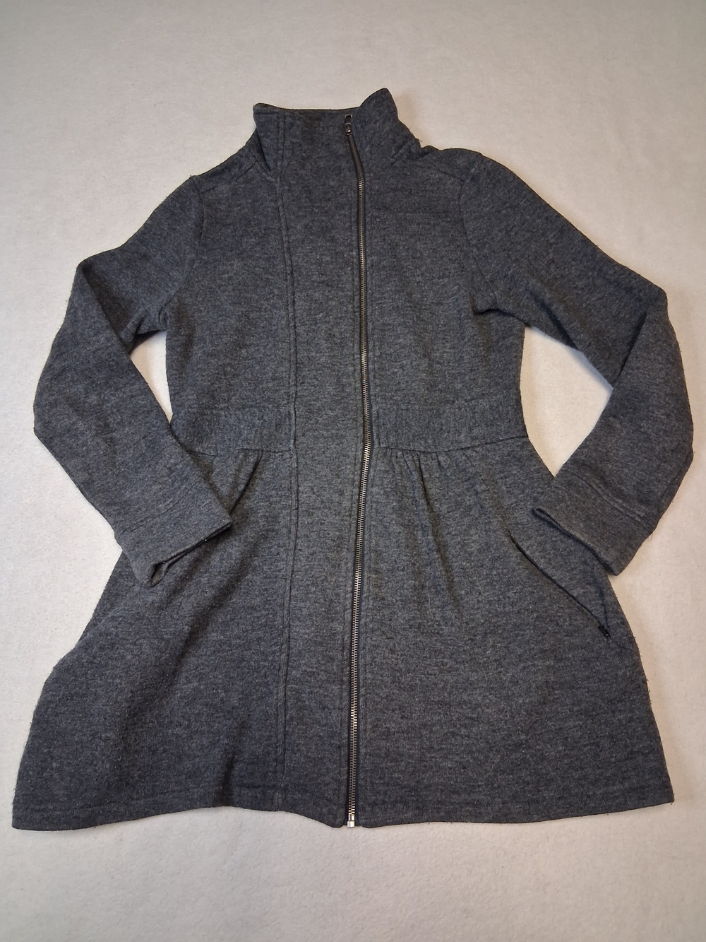 Dark Gray Zip-Front Pea Coat with Flared Skirt